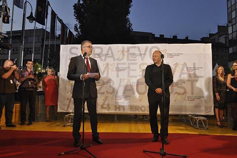 Chairman of the Board and CEO of HT Eronet Stipe Prlic, Director of SFF Mirsad Purivatra, Welcome Drink, Festival Square, 20th Sarajevo Film Festival
